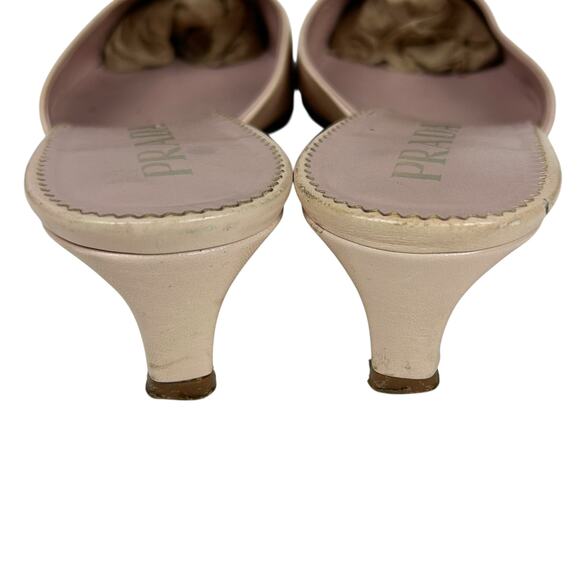 Prada Vintage 90s Khaki Leather Ballet Buckle Kitten Heel Mule 8 - Picture 4 of 9